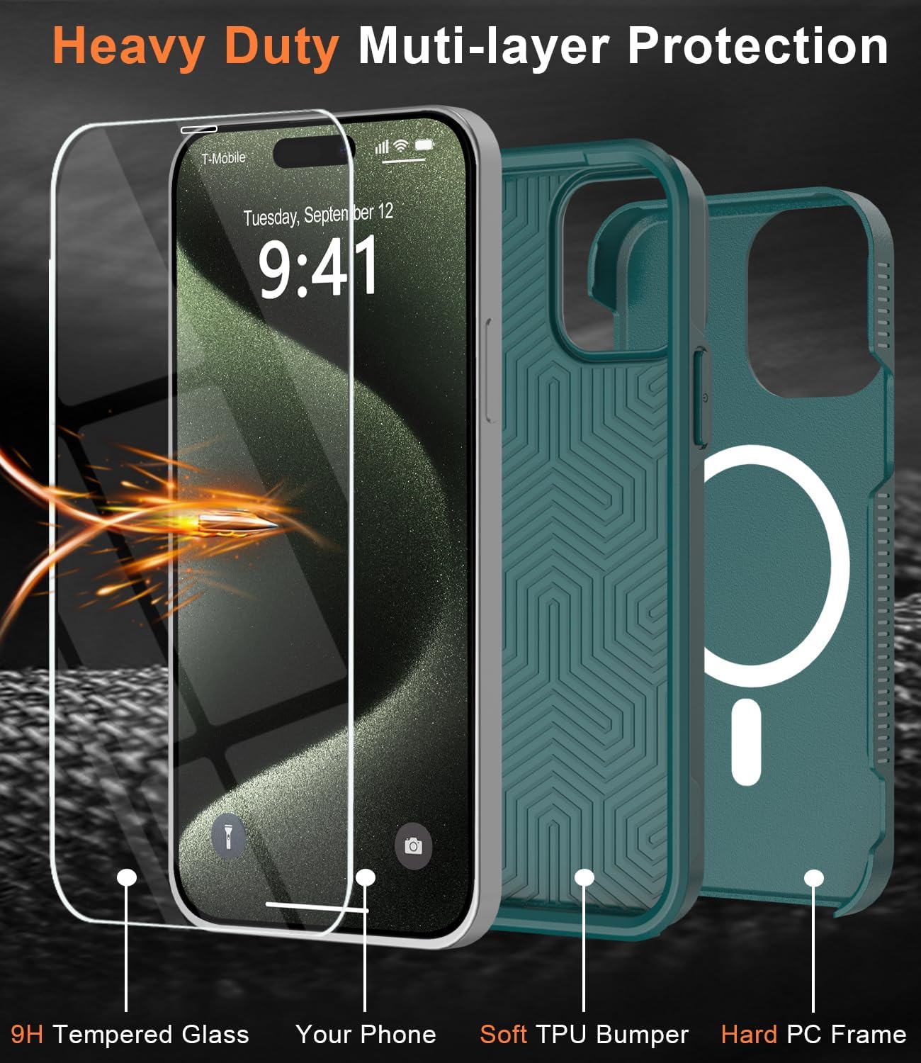 Funda magnética para iPhone 15 Pro Max, compatible con MagSafe, grado militar de 10 pies, anticaídas, con protector de pantalla de vidrio templado,