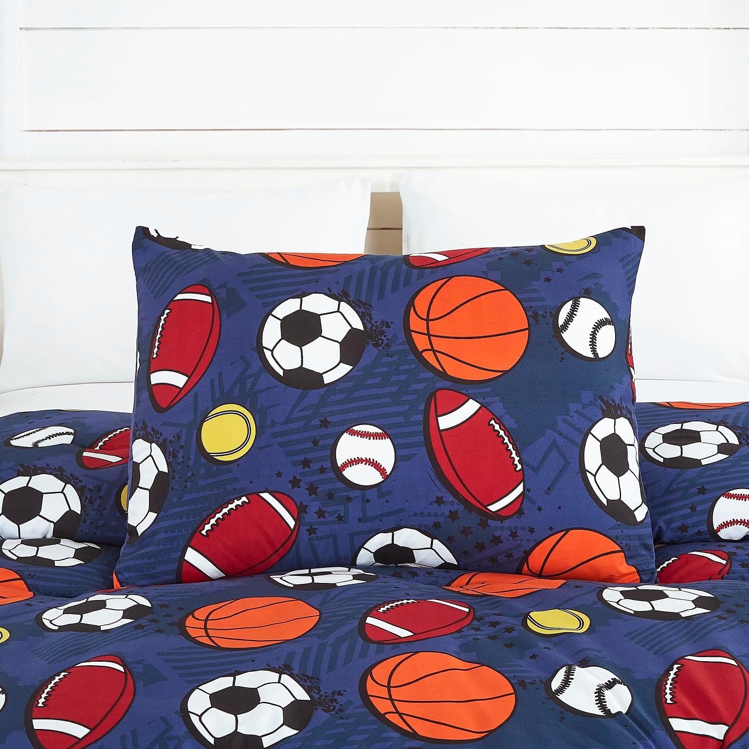 Chezmoi Collection Juego de edredón de 4 piezas con diseño de pelotas deportivas para niños, tamaño matrimonialqueen, microfibra suave, azul marino,