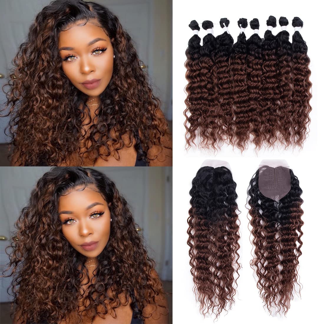 Extensiones de cabello sintético degradado rizado con cierre de dos tonos marrón T1B30, 8 paquetes con cierre de trama de cabello ondulado para