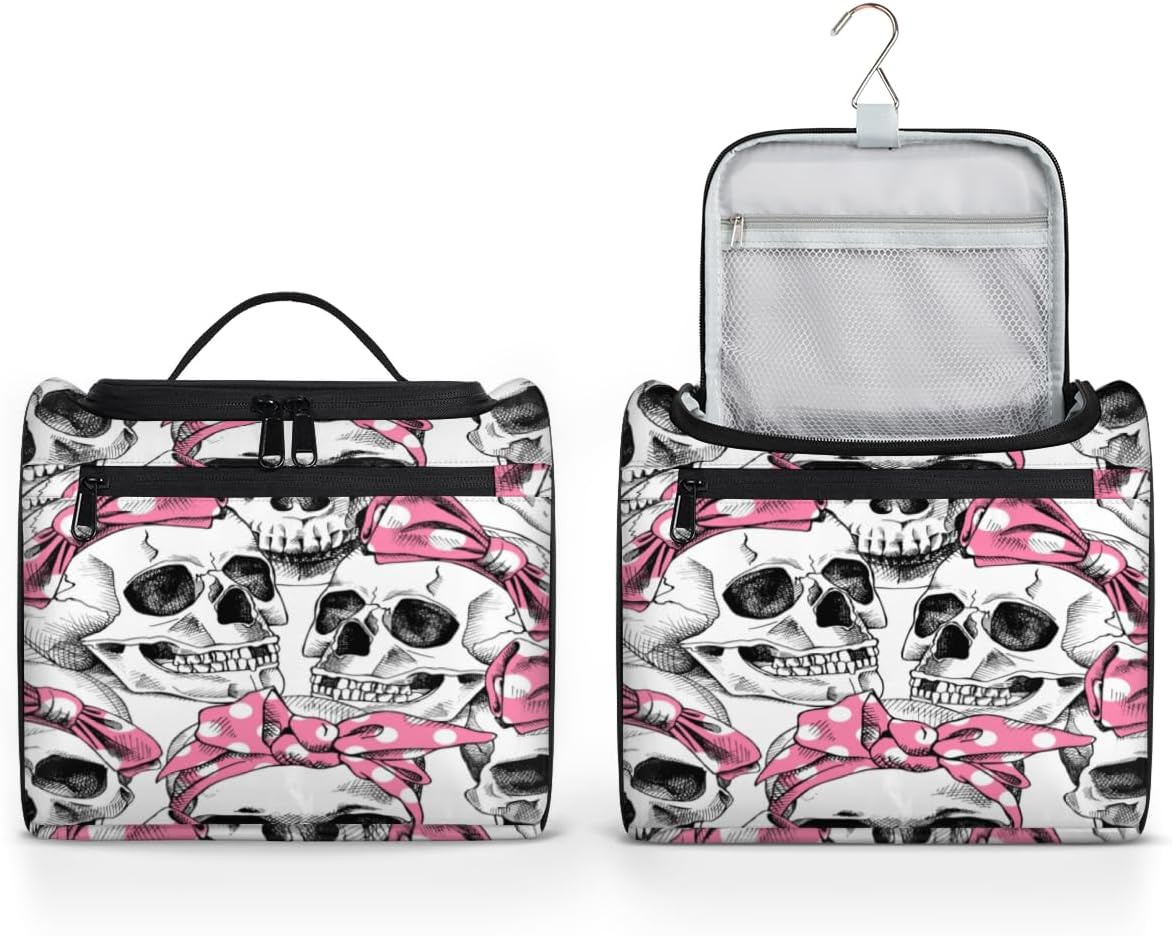 Skull Fun Style Toiletry Bag for Women Travel Makeup Organizer with Hanging Hook Traveling Cosmetic Bags for Toiletries Accessories