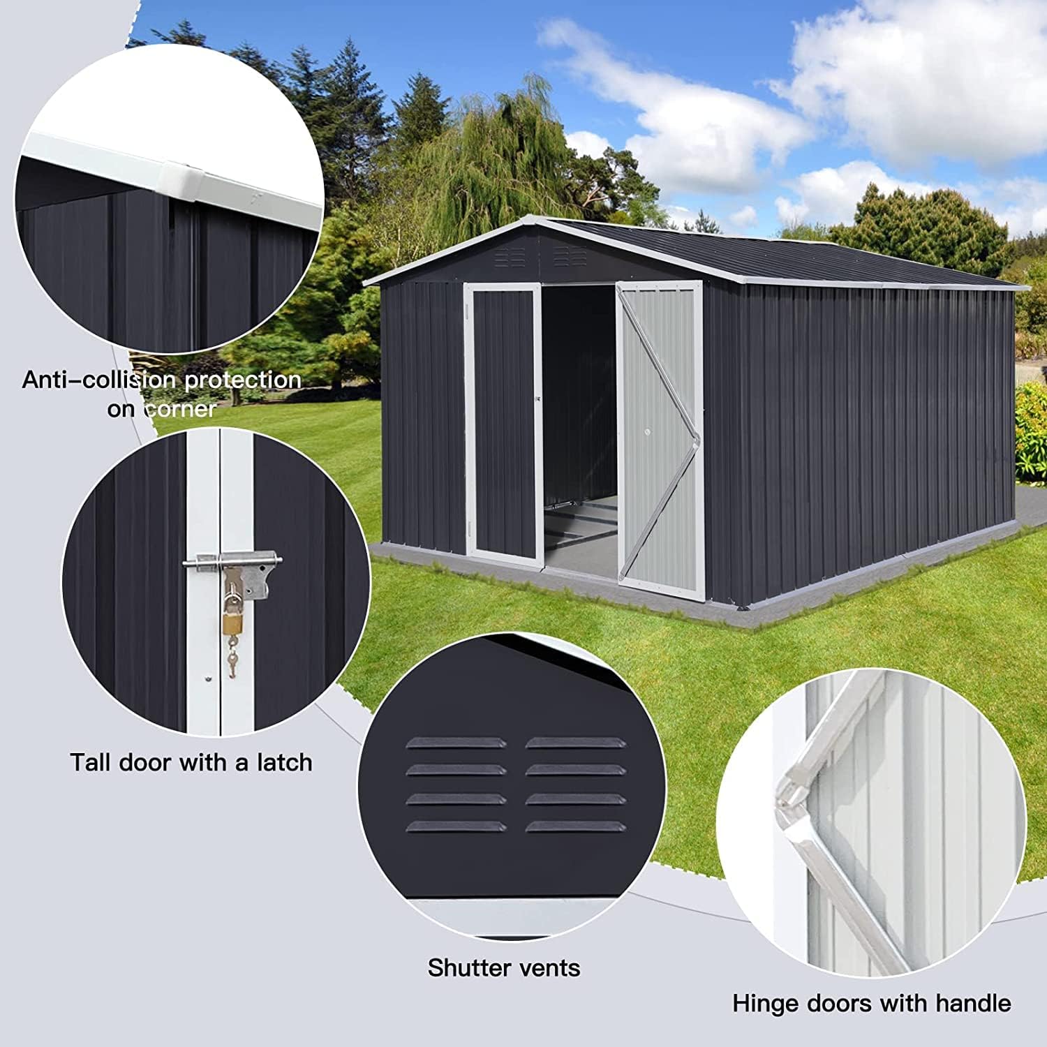 EMKK Cobertizo de almacenamiento para exteriores de 10 x 8 pies, kit de cobertizos de jardín de metal de acero galvanizado con puerta doble con