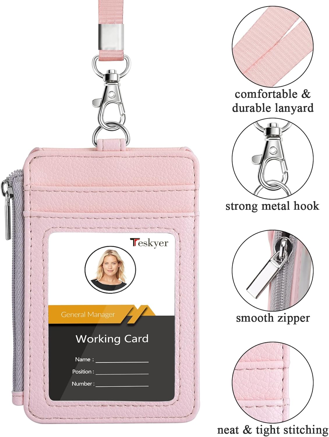 Teskyer Portatarjetas con bolsillo lateral con cremallera, múltiples ranuras para tarjetas, cartera de piel con cordón para el cuello para personal