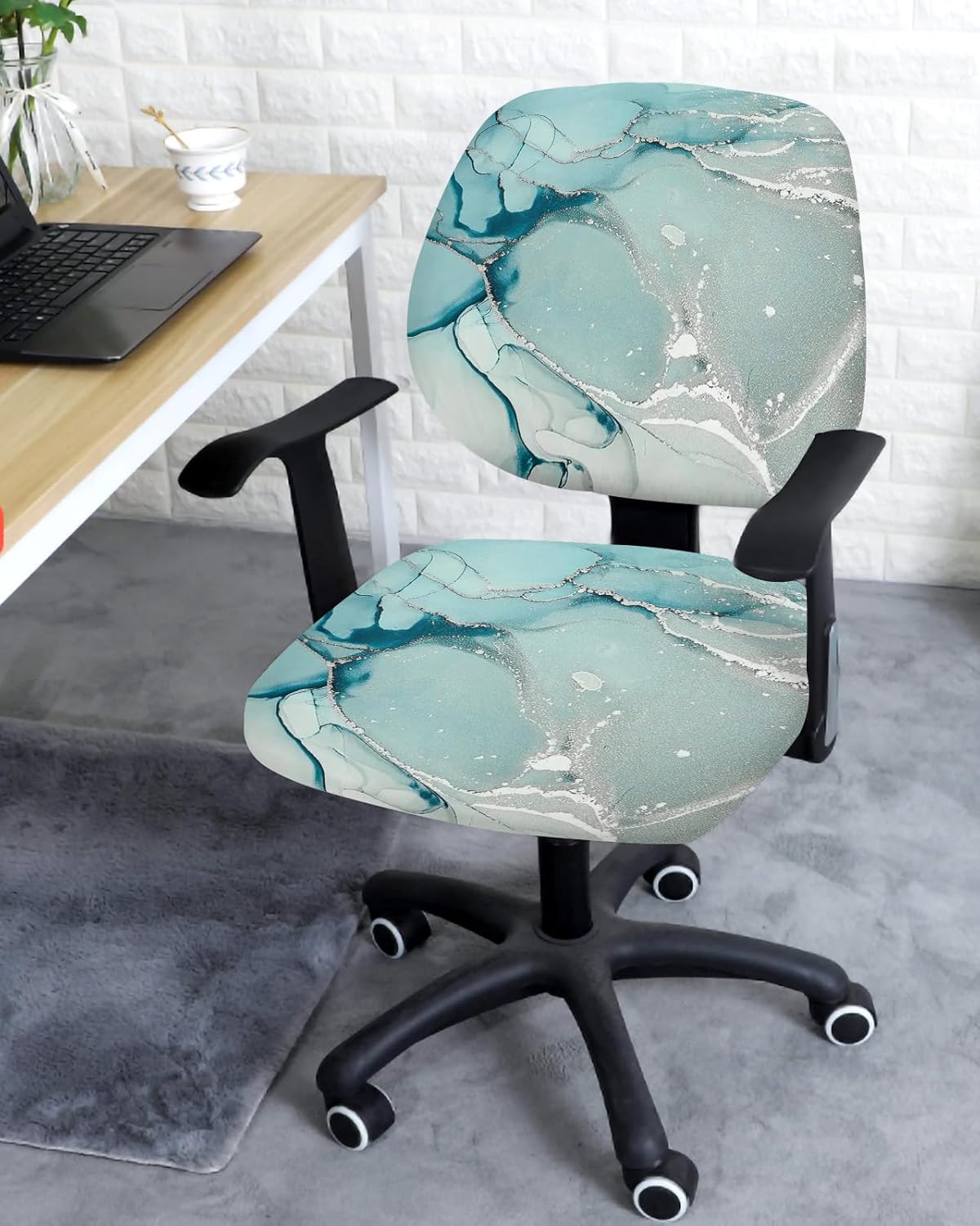 Funda para silla de oficina con diseño de mármol verde azulado, turquesa, azul aguamarina, textura de mármol, funda elástica giratoria para silla,