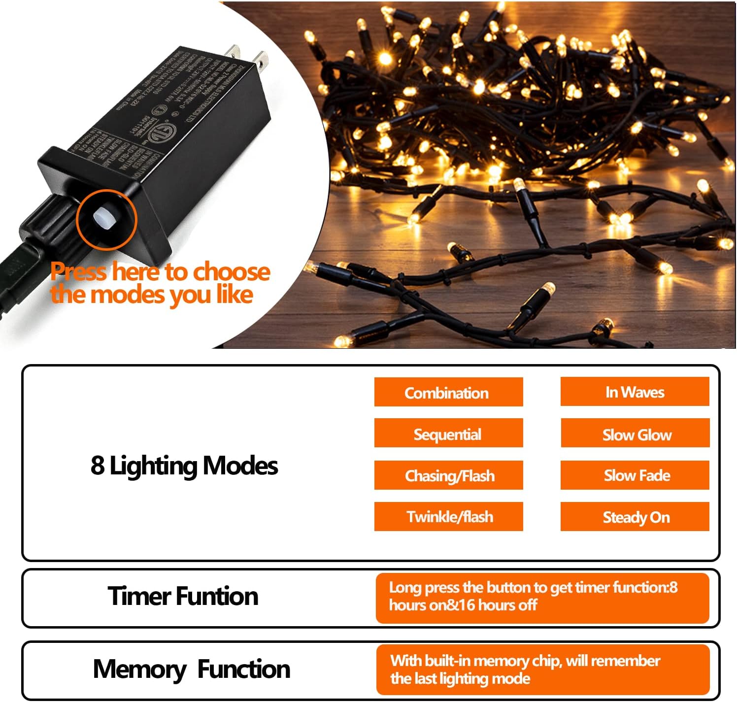 Guirnalda de 100 luces LED de Navidad de 33 pies para interiores y exteriores, función de memoria y temporizador y 8 modos, certificado UL,