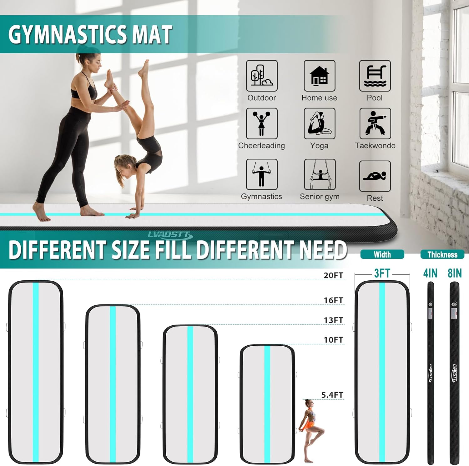 Colchoneta de gimnasia de 131620 pies, tapete de entrenamiento inflable de 48 pulgadas de grosor para gimnasia con bomba de aire eléctrica para uso