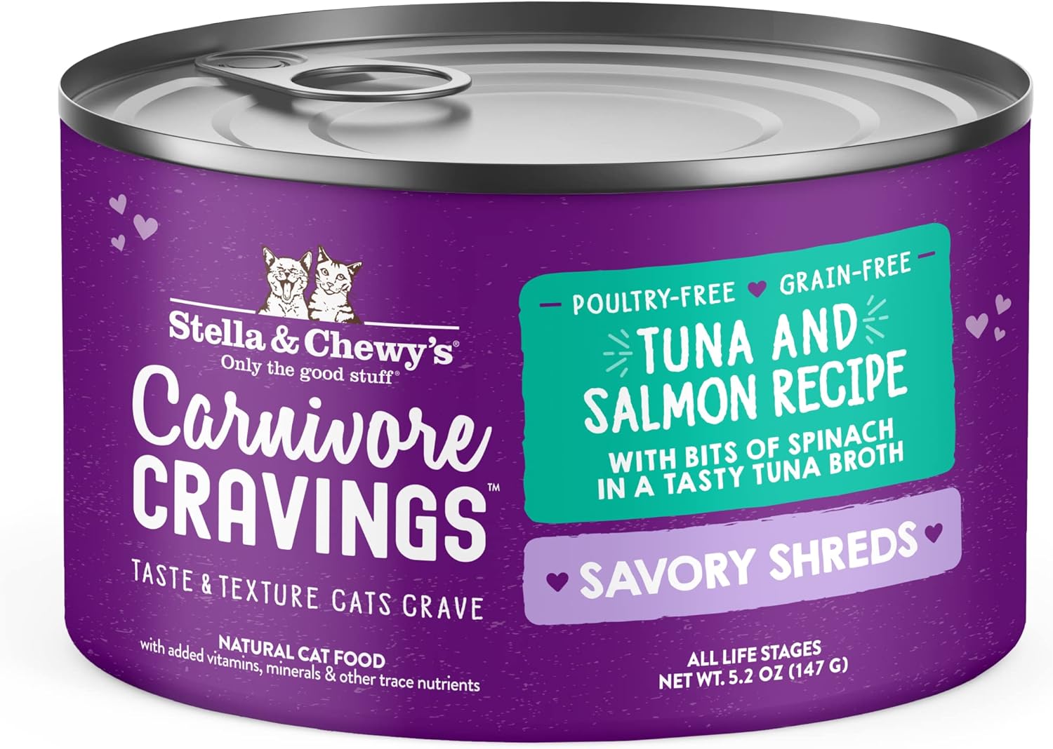 Stella & Chewy’s Carnivore Cravings Savory Shreds Latas – Alimento húmedo para gatos sin granos, rico en proteínas, receta de atún y salmón