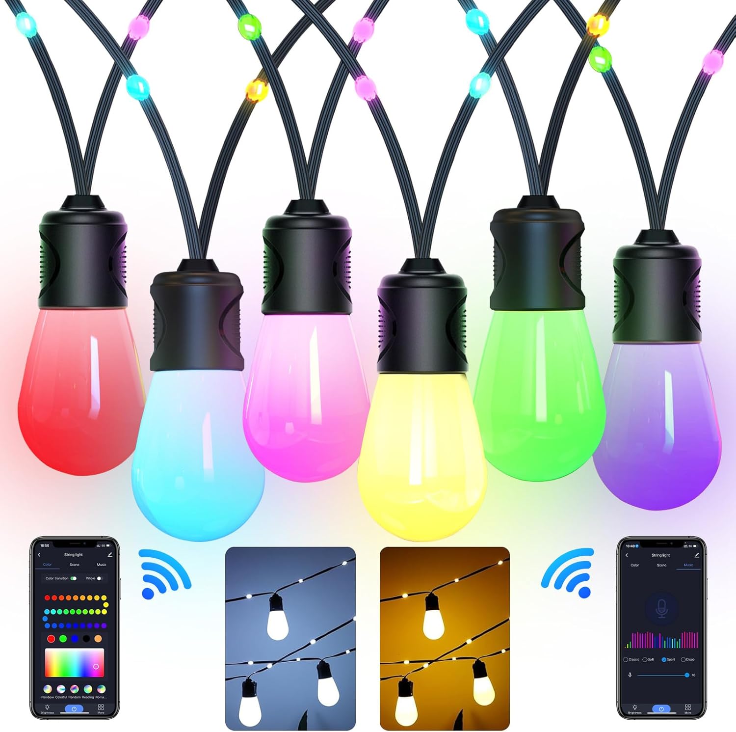 Nopoor Guirnalda de luces inteligentes para exteriores, bombillas LED RGB de 50 pies de color blanco cálido, luces de patio WiFi funcionan con