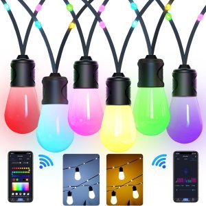 Nopoor Guirnalda de luces inteligentes para exteriores, bombillas LED RGB de 50 pies de color blanco cálido, luces de patio WiFi funcionan con Nopoor Guirnalda de luces inteligentes para exteriores, bombillas LED RGB de 50 pies de color blanco cálido, luces de patio WiFi funcionan con