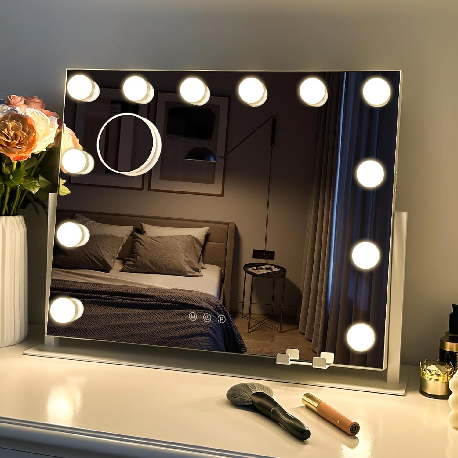 LuxeVue Espejo de tocador con luces, 19.6 x 15.7 pulgadas, 12 bombillas LED, espejo de maquillaje con luces, 3 modos de color desmontable, espejo de