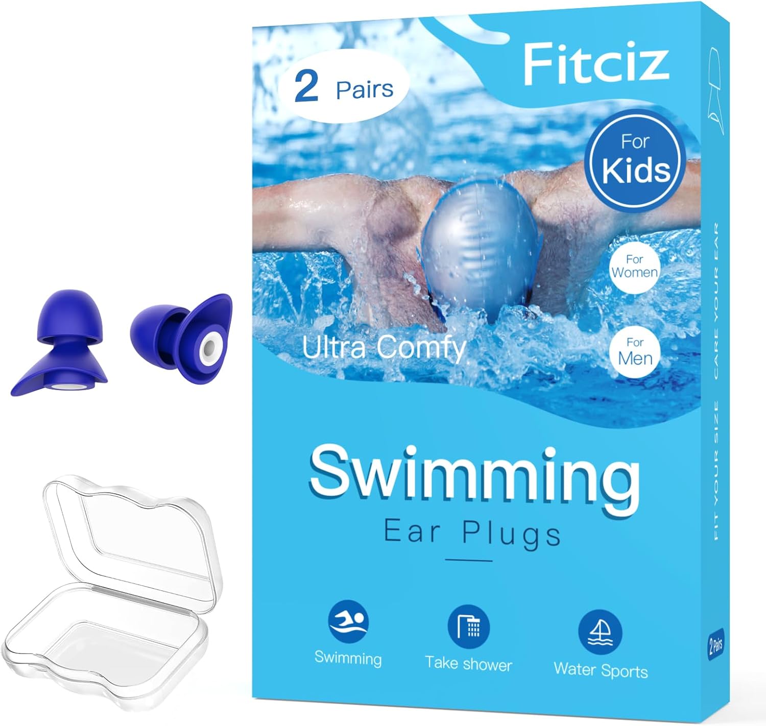 Tapones para los oídos para nadar niños, 2 pares de tapones para los oídos de natación de agua con estuche delicado para niños, cómodos tapones