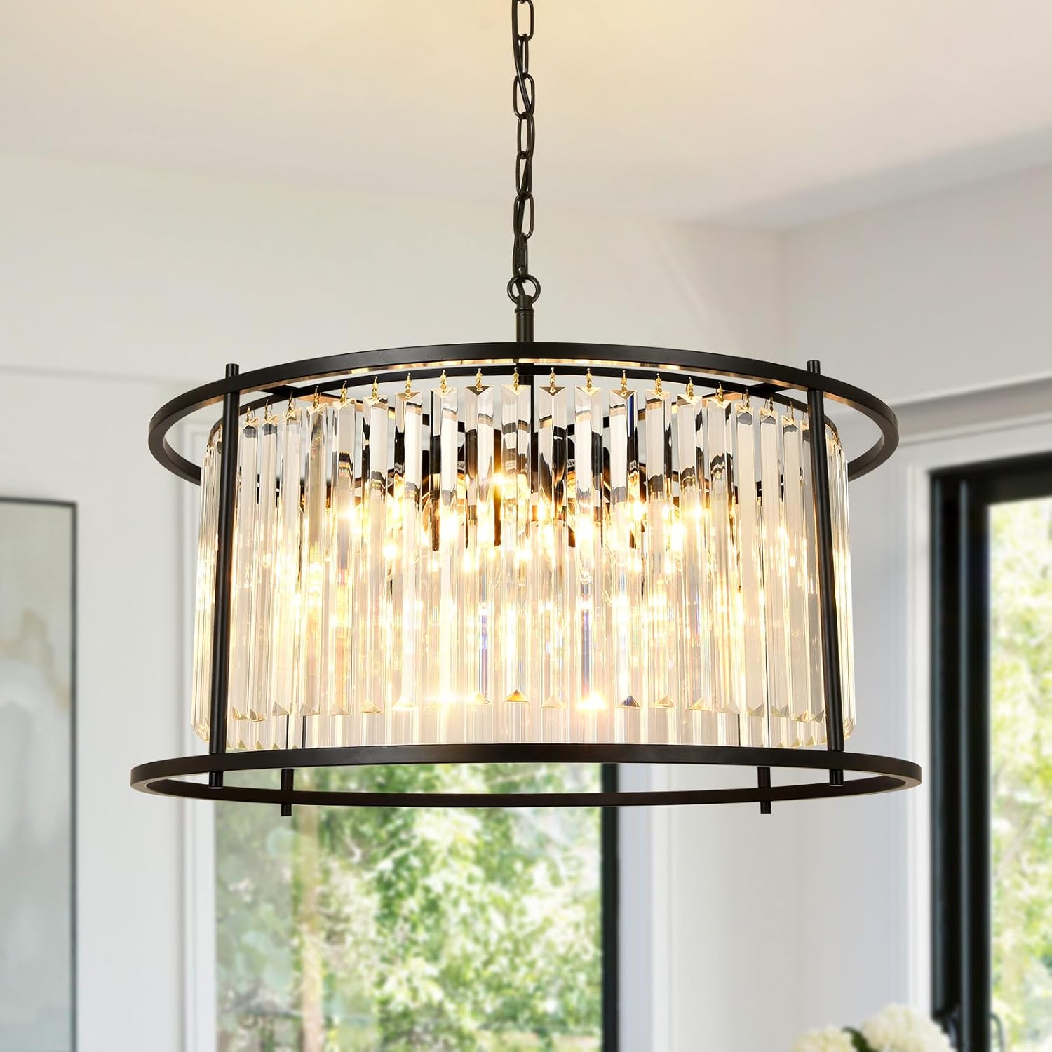Lámpara de araña de cristal negro, lámpara colgante negra, lámpara redonda de 8 luces, lámparas de techo para comedor, sala de estar, dormitorio,