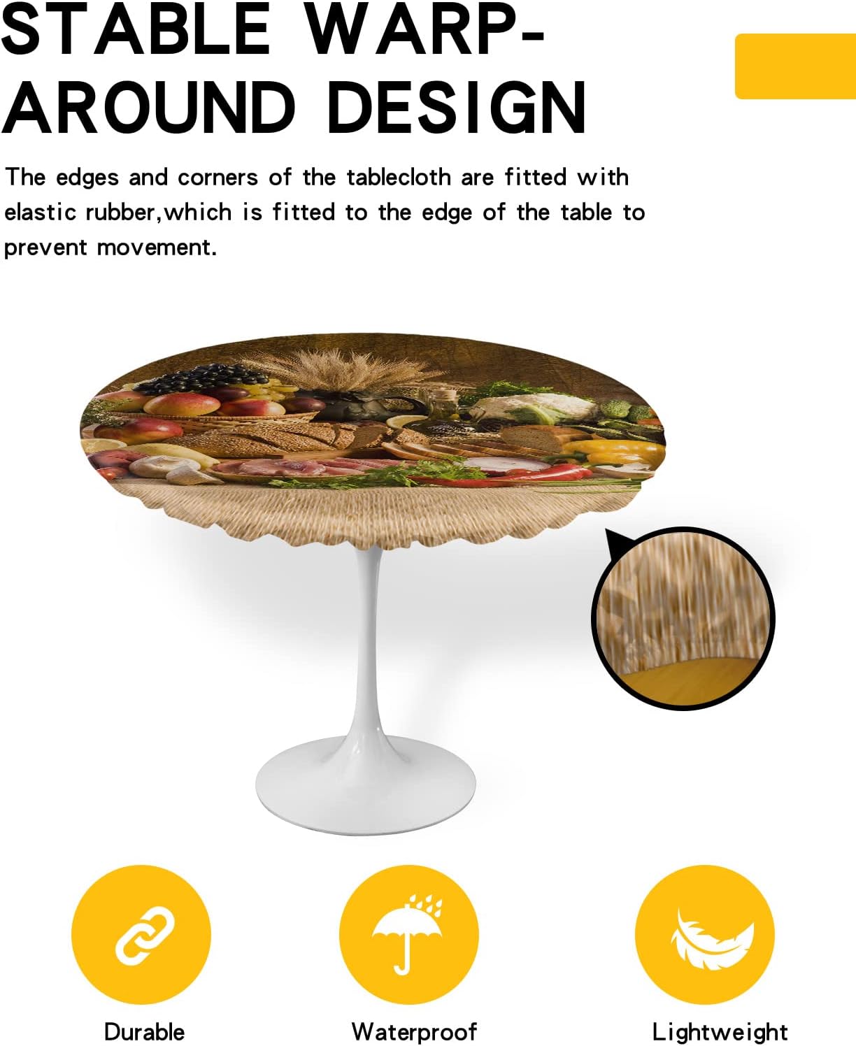Savannan Round Tablecloth with Elastic Edged,Vintage Farmhouse Kitchen Food Fruit Vegetables Washable Reusable Tables Cover for Kitchen Dining Party
