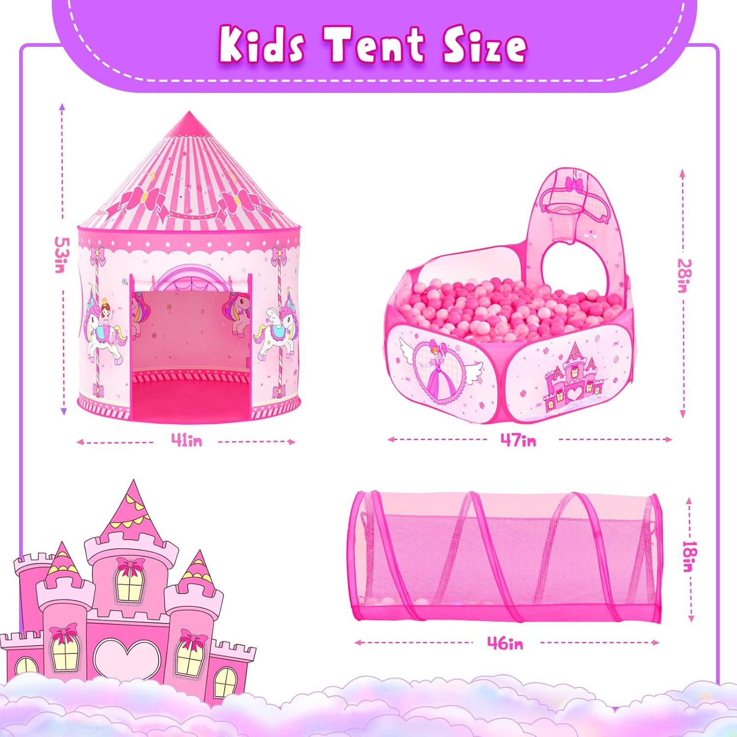 Tienda de campaña de princesa 3 en 1 para niños casa de juegos desplegable para niños pequeños con túnel de gateo, piscina de pelotas y tienda de