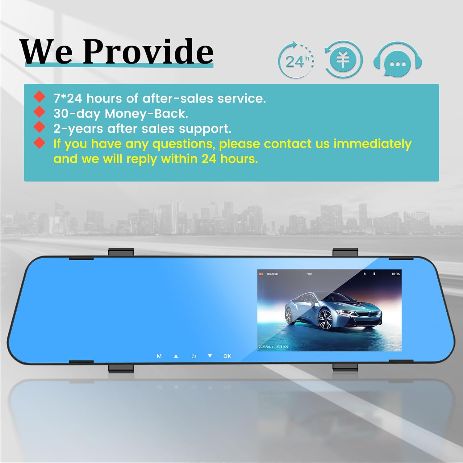 Cámara de espejo retrovisor de 4.5 pulgadas para automóvil con tarjeta TF de 64G, pantalla táctil IPS de 1080P, grabación de bucle, ángulo ancho de