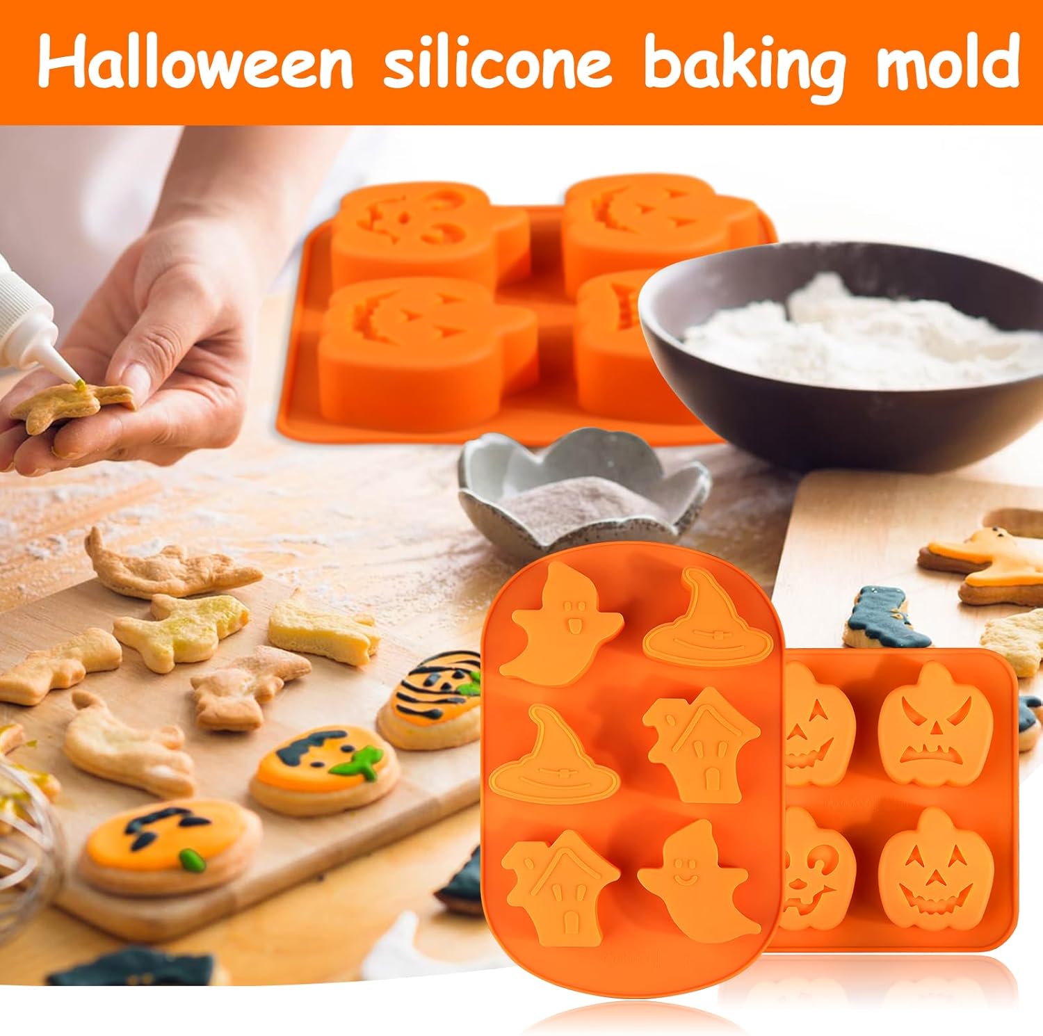 AIERSA Moldes de silicona de Halloween, 1 molde de silicona de calabaza y 1 molde de fantasma para pasteles de Halloween, dulces, gelatina, chocolate
