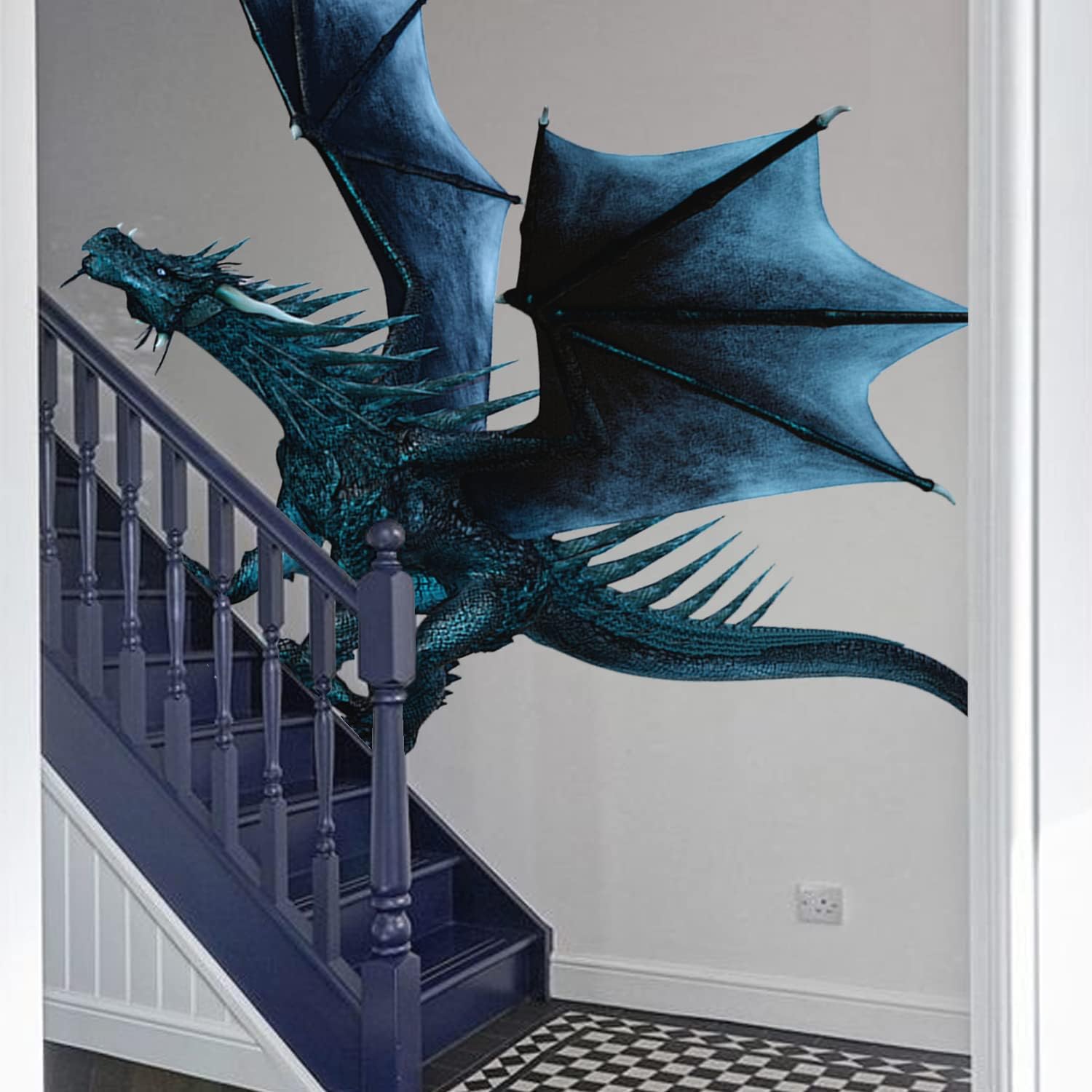 astrkiz Calcomanía de pared realista de dragón azul extra enorme, despegar y pegar, vinilo texturizado de dragón mural, decoración de pared de