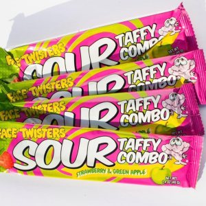 Face Twisters Sour Taffy Combo de fresa y manzana verde Paquete de 4 barras grandes de caramelo agrio Face Twisters Sour Taffy Combo de fresa y manzana verde Paquete de 4 barras grandes de caramelo agrio