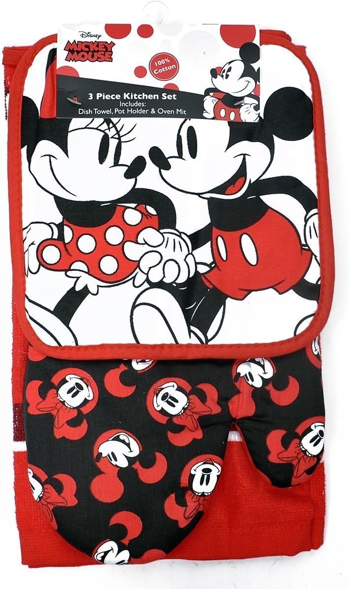 Disney Juego de cocina de 3 piezas con soporte para ollas y toalla de cocina (Mickey Minnie Red)