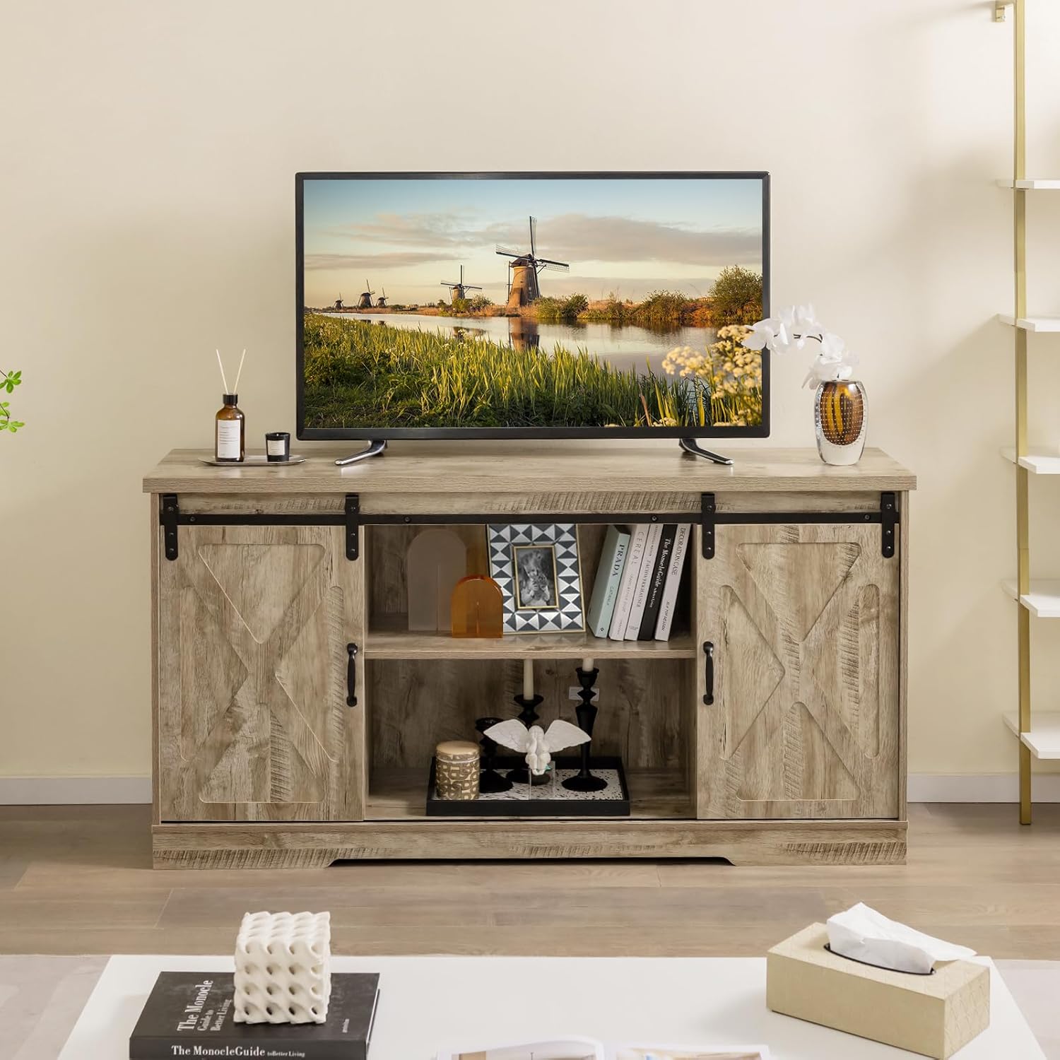 Tangkula Soporte de TV con puerta corrediza de granero para televisores de hasta 65 pulgadas, centro de entretenimiento de granja con estantes