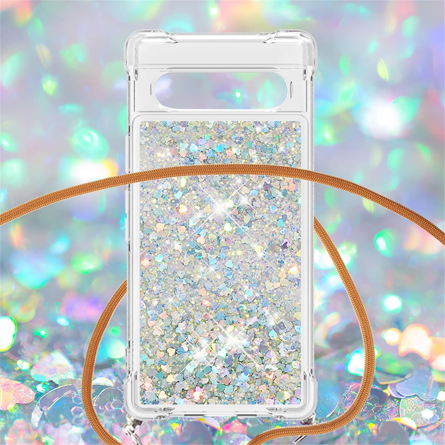 Tncavo Funda para Google Pixel 7a para mujer, carcasa con purpurina holográfica líquida en movimiento, con correa cruzada, delgada, suave, TPU para