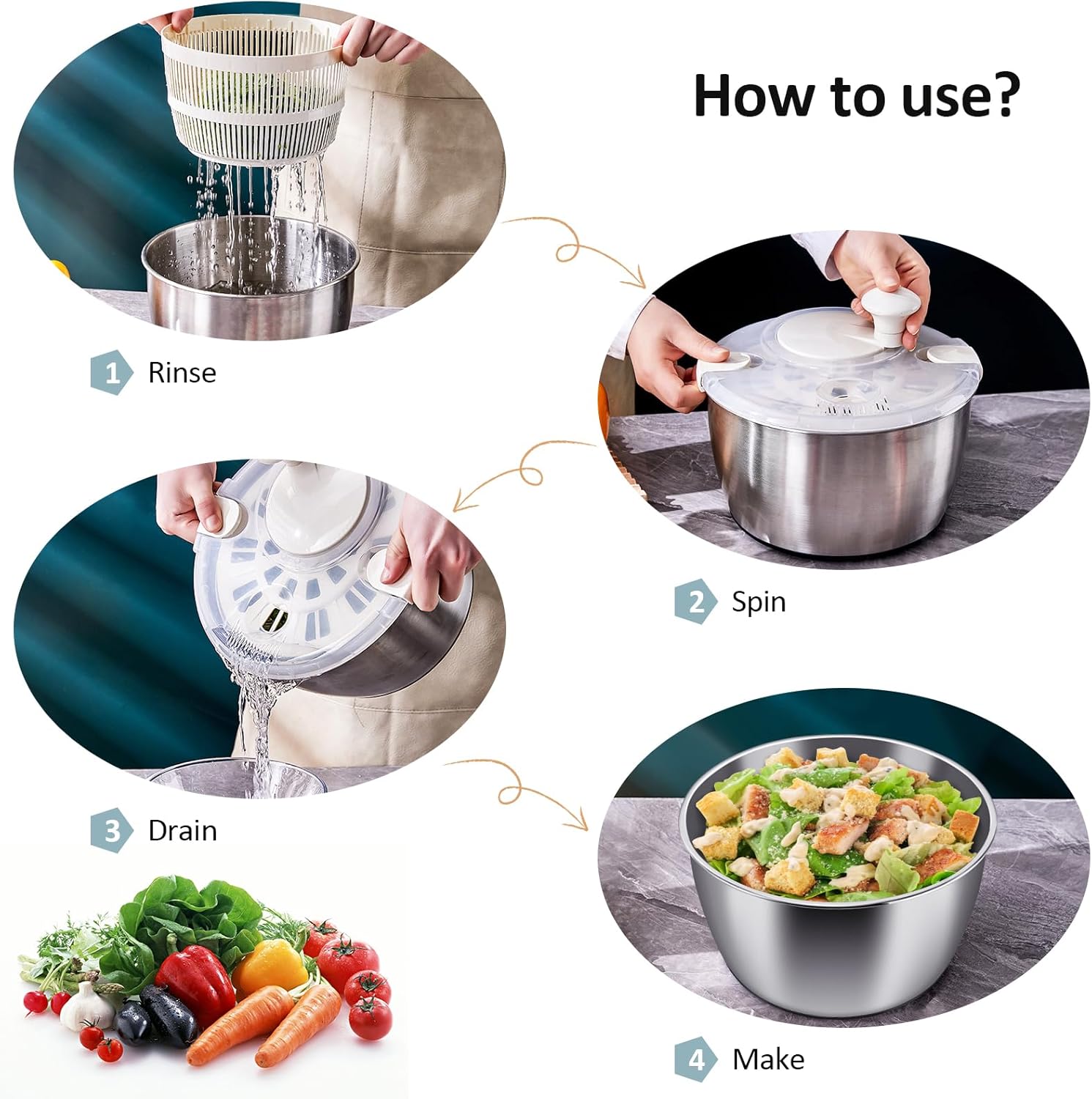 Ensalada Spinner de acero inoxidable, grande, multiuso, para lechuga, centrifugado y secado de frutas y verduras con cuenco de drenaje giratorio (5