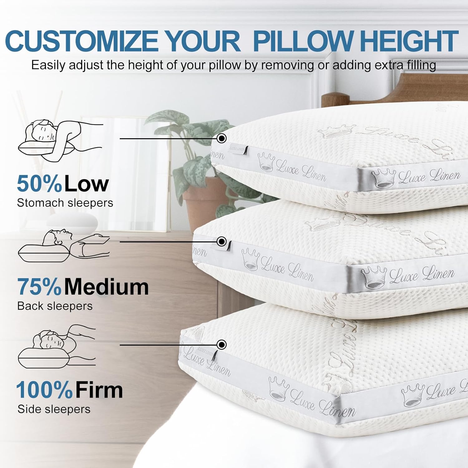 Almohadas tamaño King, almohadas de espuma viscoelástica trituradas, almohada de cama ajustable para dormir, almohadas de cama de algodón orgánico
