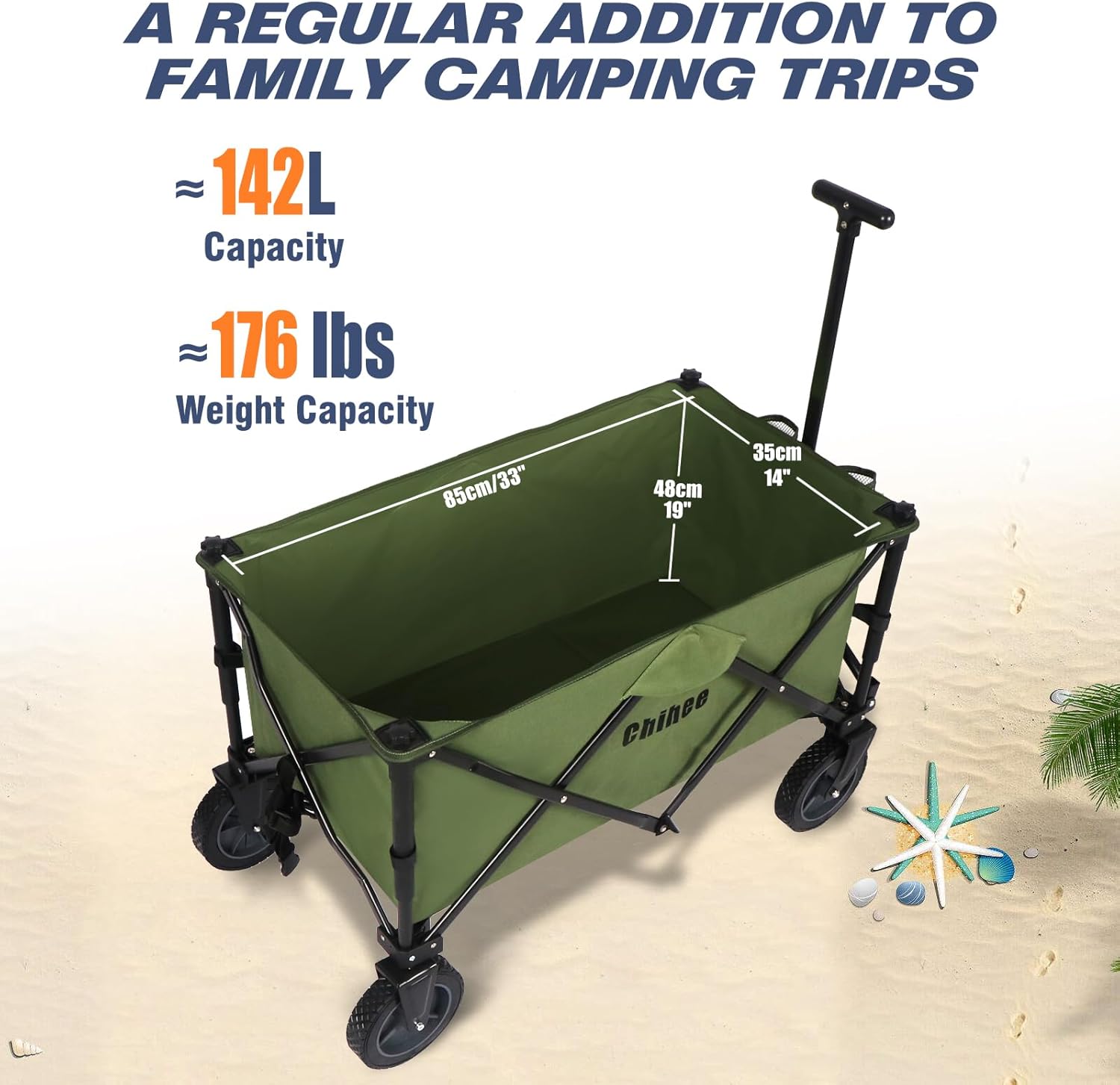 Chihee Carro plegable de playa, carrito de jardín resistente con 2 portavasos, carrito de campamento para ruedas cardán con sistema de frenado, tela