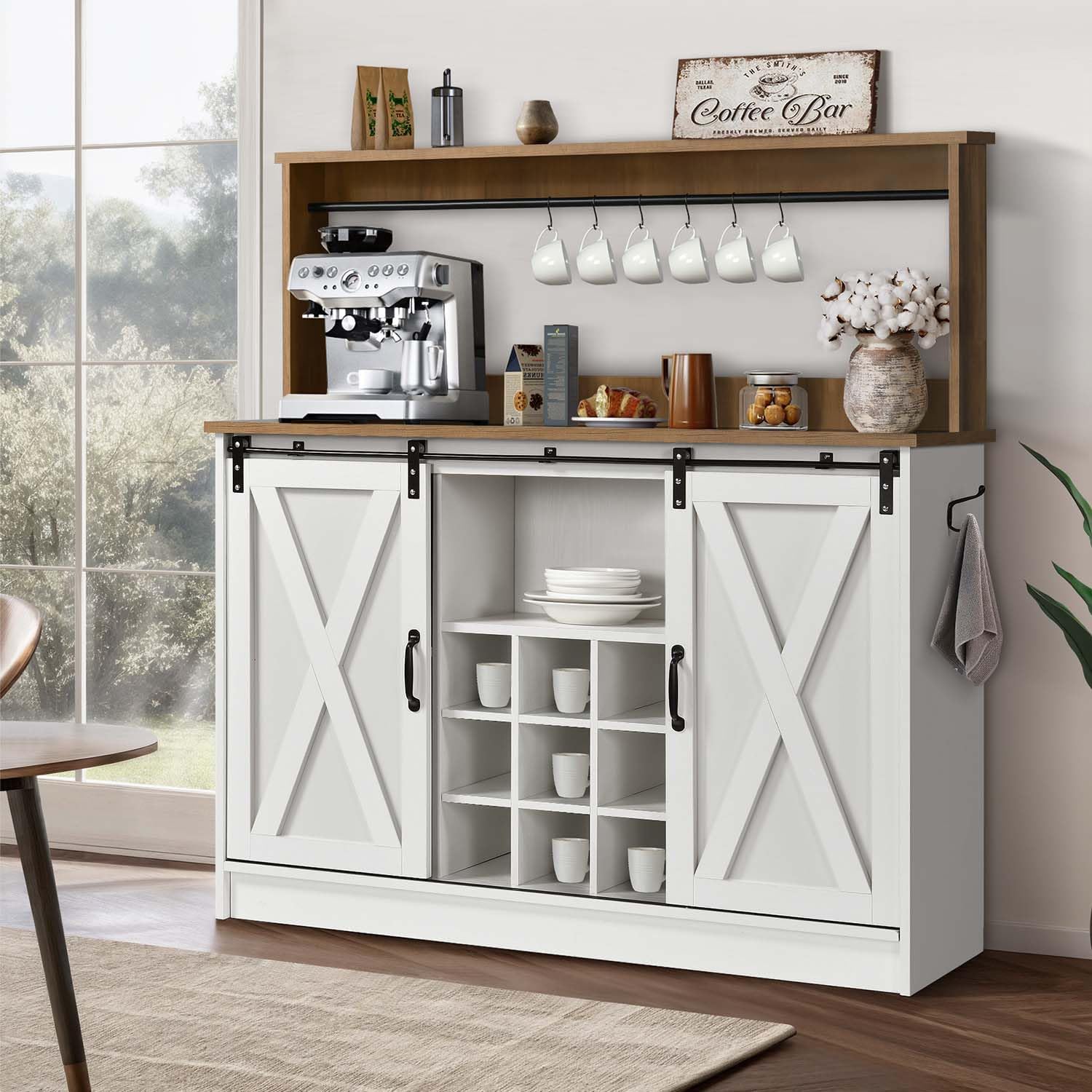 Gabinete de barra de café de granja, barra de café de cocina de 47 pulgadas con 6 ganchos, estación de bar de café con 9 estantes de vino, gabinete