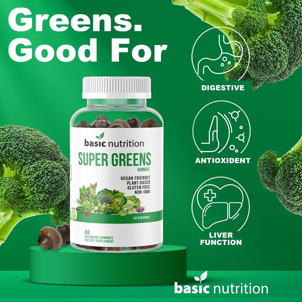 Basic Nutrition SuperGreens – Gomitas mezcladas con vitaminas esenciales, sabor natural a frambuesa, apoya las funciones digestivas, hepáticas e