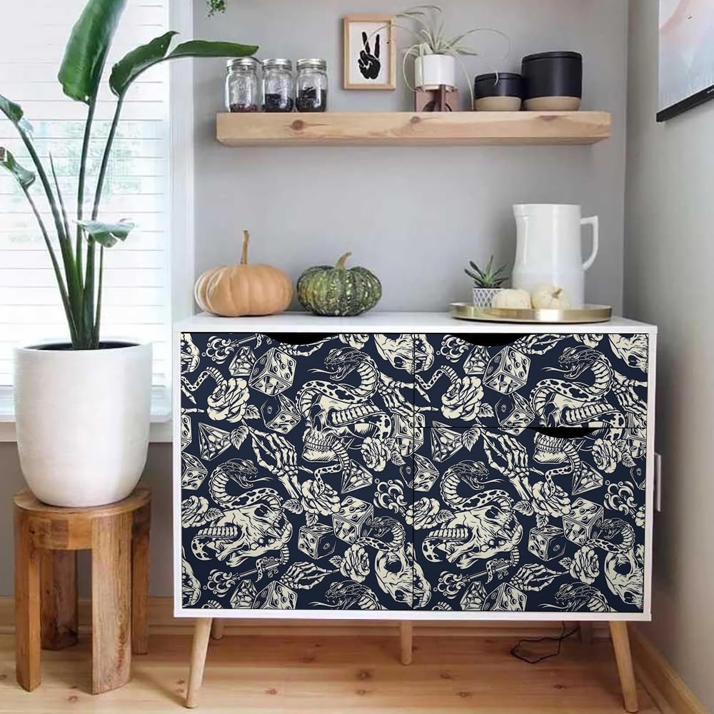 VistaPalette 18 x 236 pulgadas, dados de serpiente de calavera en blanco y negro, moderno, autoadhesivo, extraíble, papel de contacto extraíble,