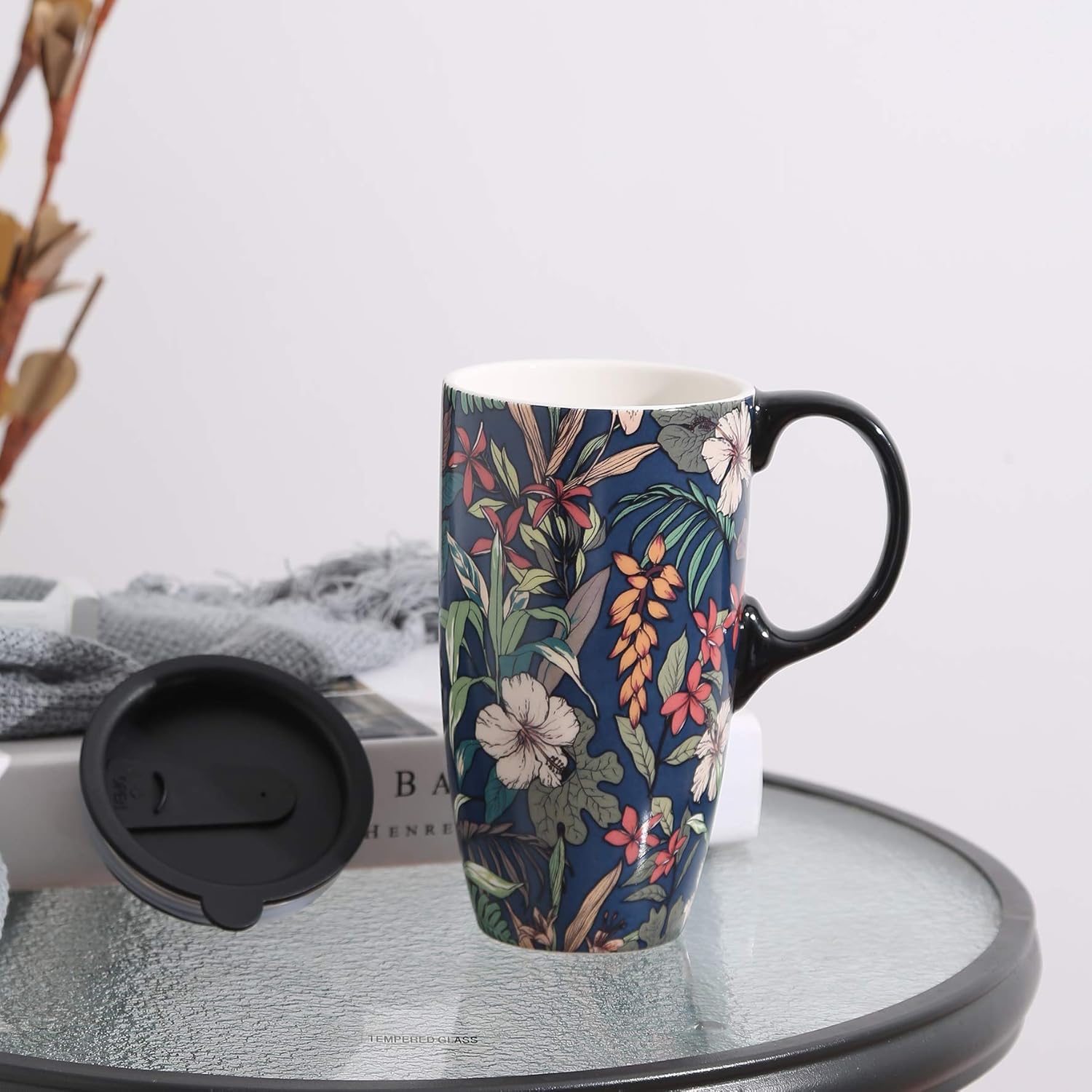 Topadorn Taza de café de cerámica para regalo con tapa de 17 onzas, taza de té alta de porcelana con asa para el hogar y la oficina, taza con patrón