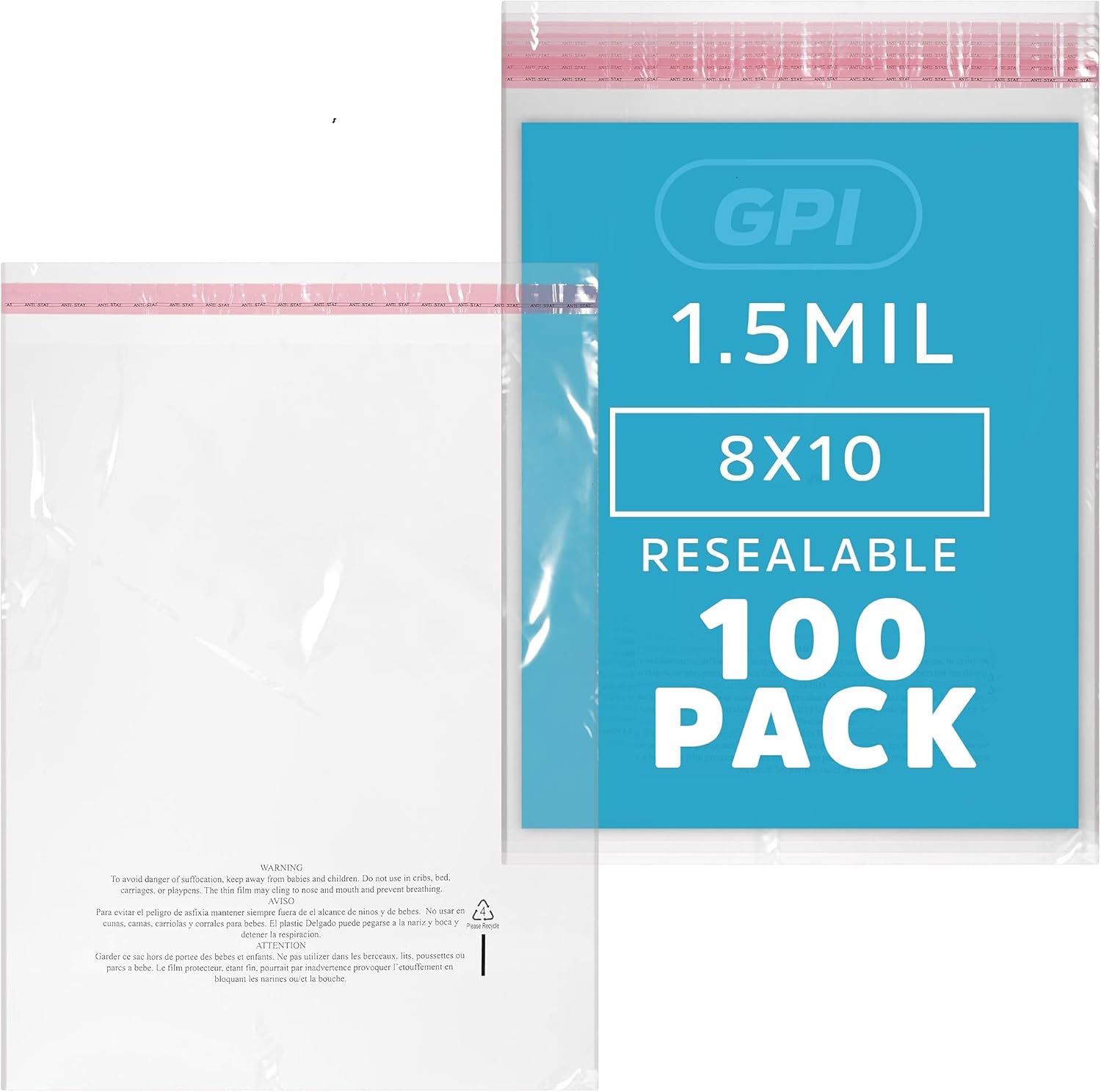 GPI – Paquete de 100 bolsas de polietileno transparentes de 8 x 10 pulgadas, 1.5 mil  resellables, despegar y sellar bolsas de polietileno con tira