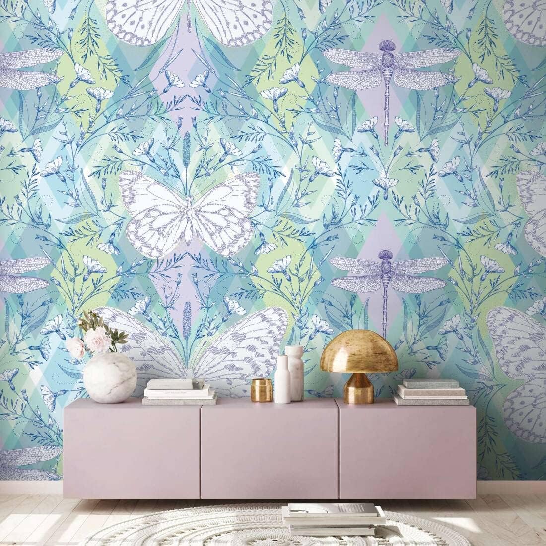 CONCORD WALLCOVERINGS  Papel tapiz floral para dormitorio, flores, mariposas, azul y verde lila, 63 pulgadas de ancho x 110 pulgadas de alto, 3