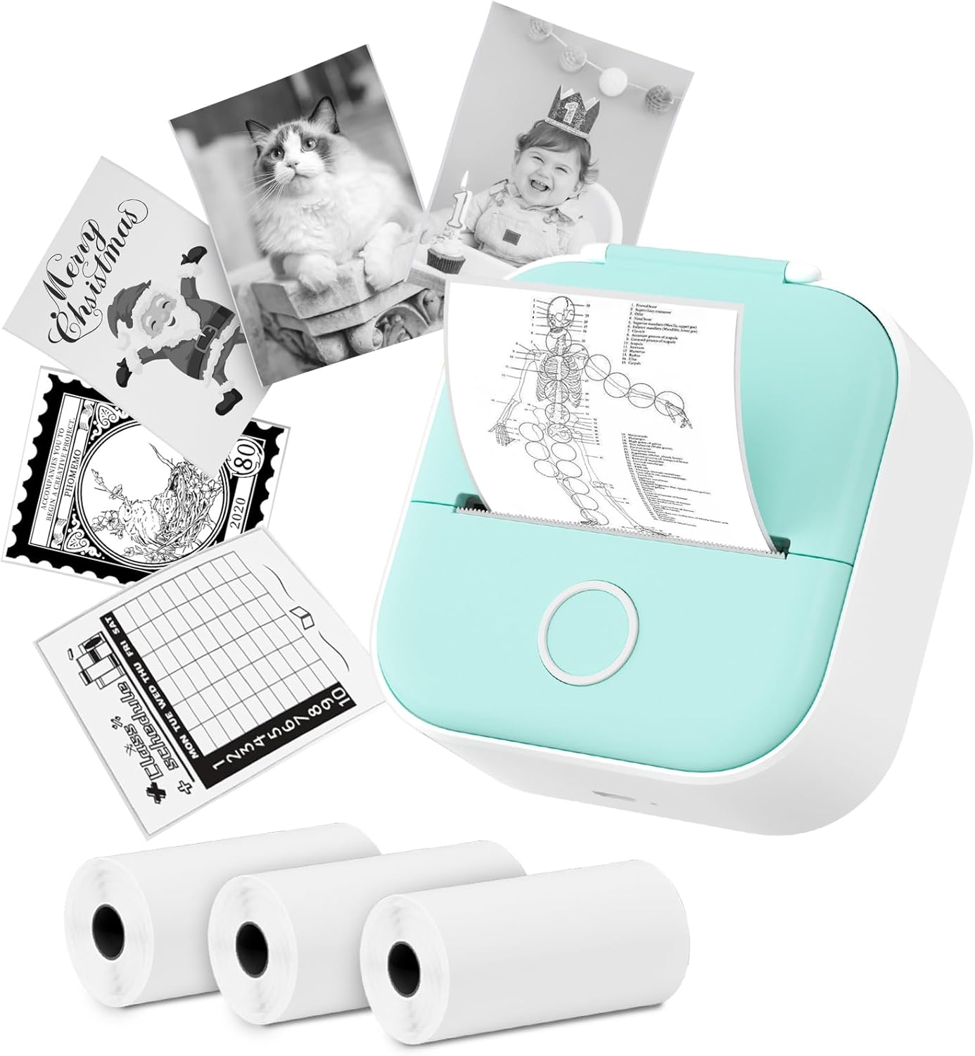 T02 Mini impresora adhesiva para impresora, mini impresora pequeña portátil con 3 rollos de papel, máquina de impresora inalámbrica de mini
