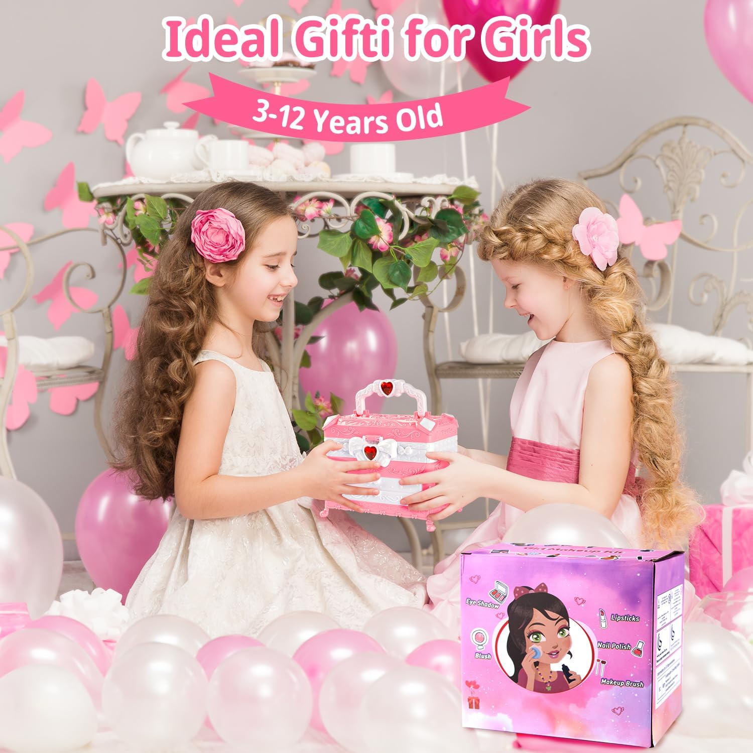 Kit de maquillaje infantil para niñas, juego de maquillaje de princesa lavable real, 66 piezas de juguetes de Mqsiuve para niñas, regalo de Navidad