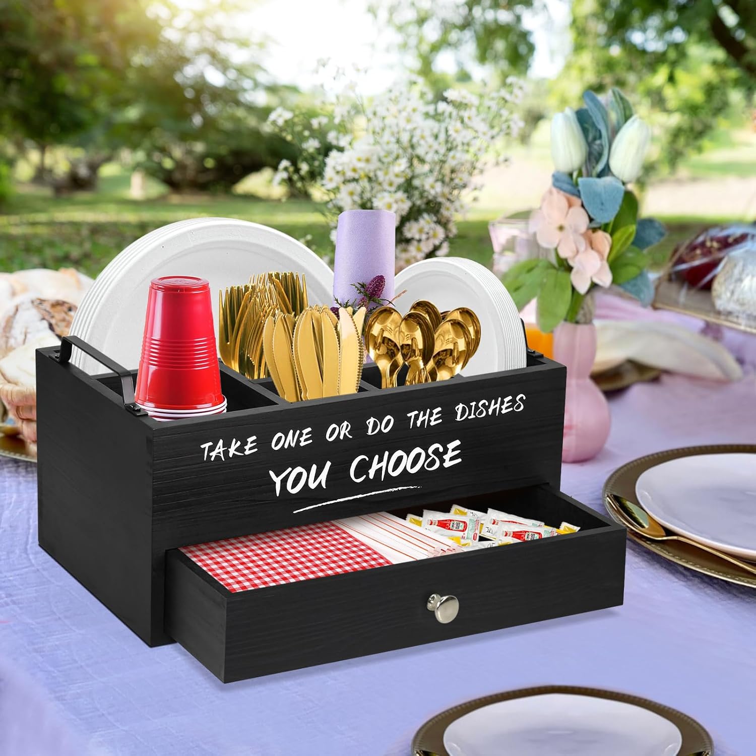 Dispensador de platos de papel con cajón para encimera de cocina, soporte de platos de papel de madera con soporte grande para tazas, soporte de