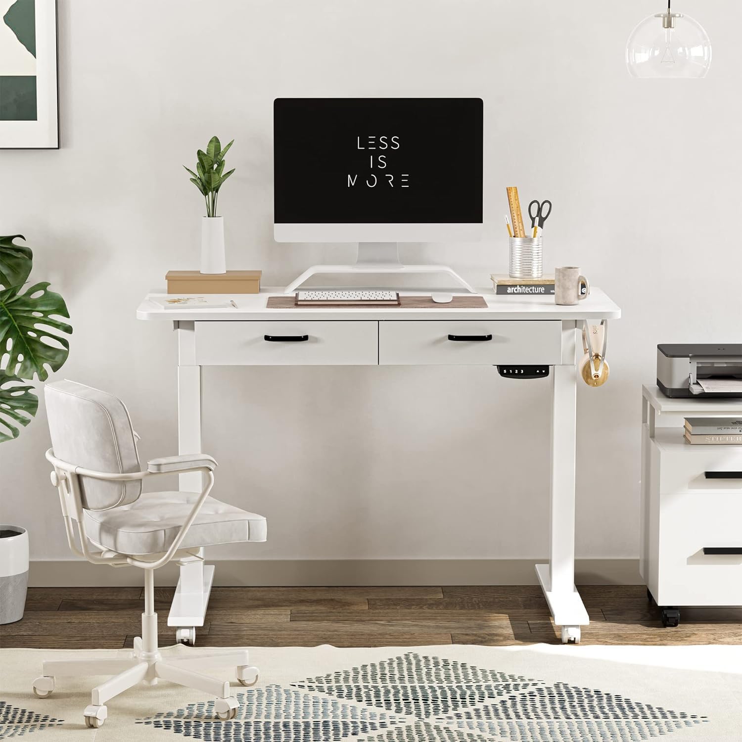 BANTI Escritorio eléctrico de pie de altura ajustable de 48 pulgadas con cajón doble, escritorio de oficina en casa con mesa de empalme, color blanco