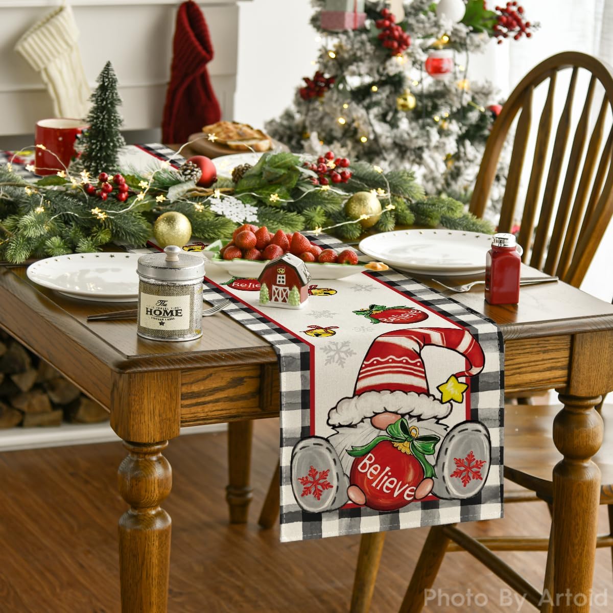 Artoid Mode Buffalo Plaid Gnomo Bell Believe – Camino de mesa de Navidad, decoración de mesa de comedor de cocina de invierno de temporada para