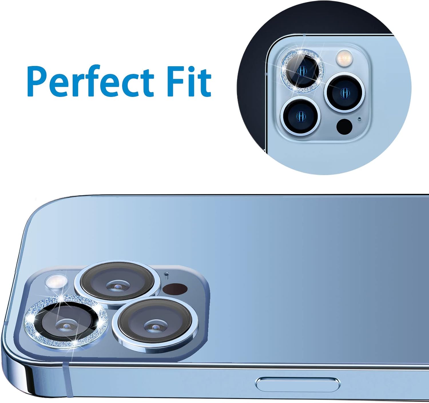 Hsefo Protector de lente de cámara para iPhone 13 Pro y iPhone 13 Pro Max, cubierta de cámara de vidrio templado 9H con purpurina brillante,