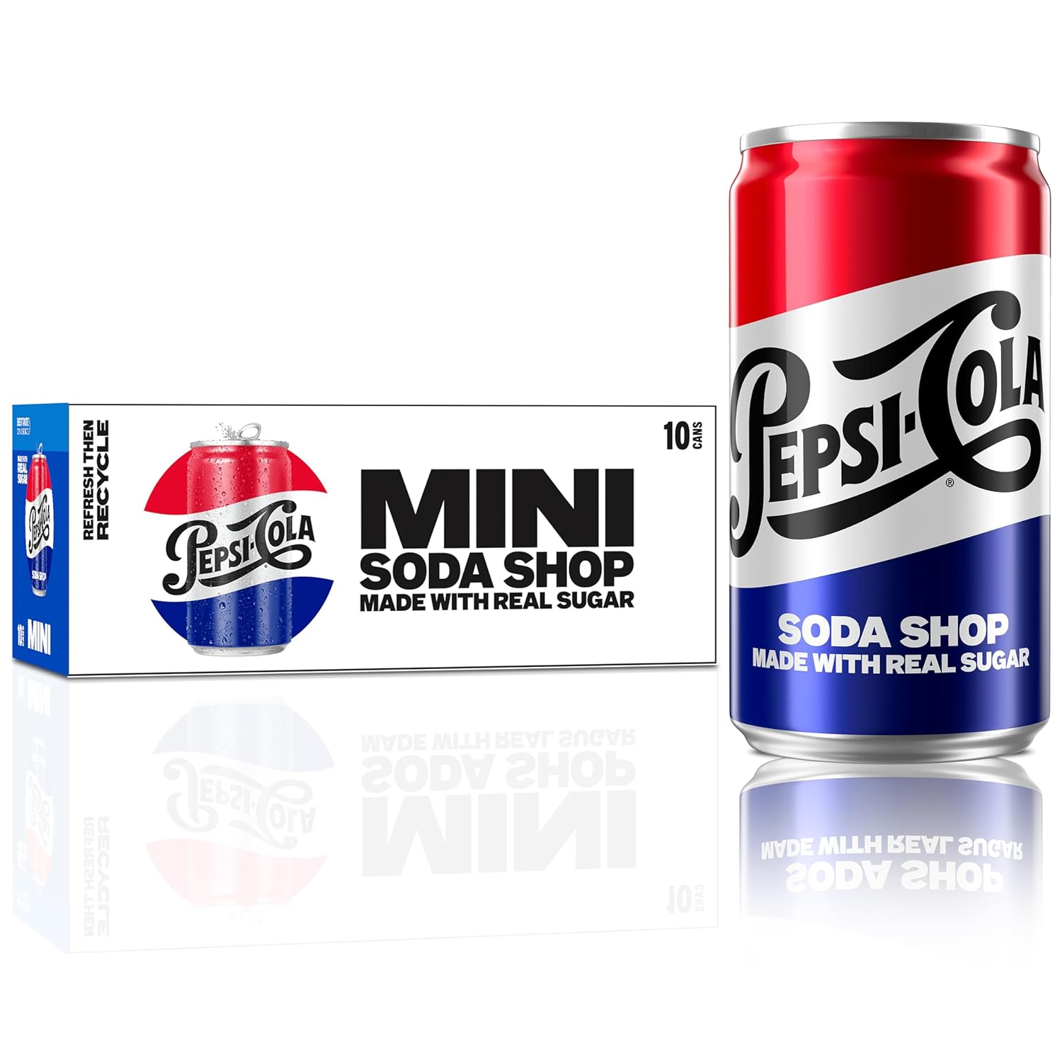 Pepsi Refresco de azúcar real, mini latas, mini latas de 7.5 onzas, (paquete de 10), refresco de refresco (el embalaje puede variar)