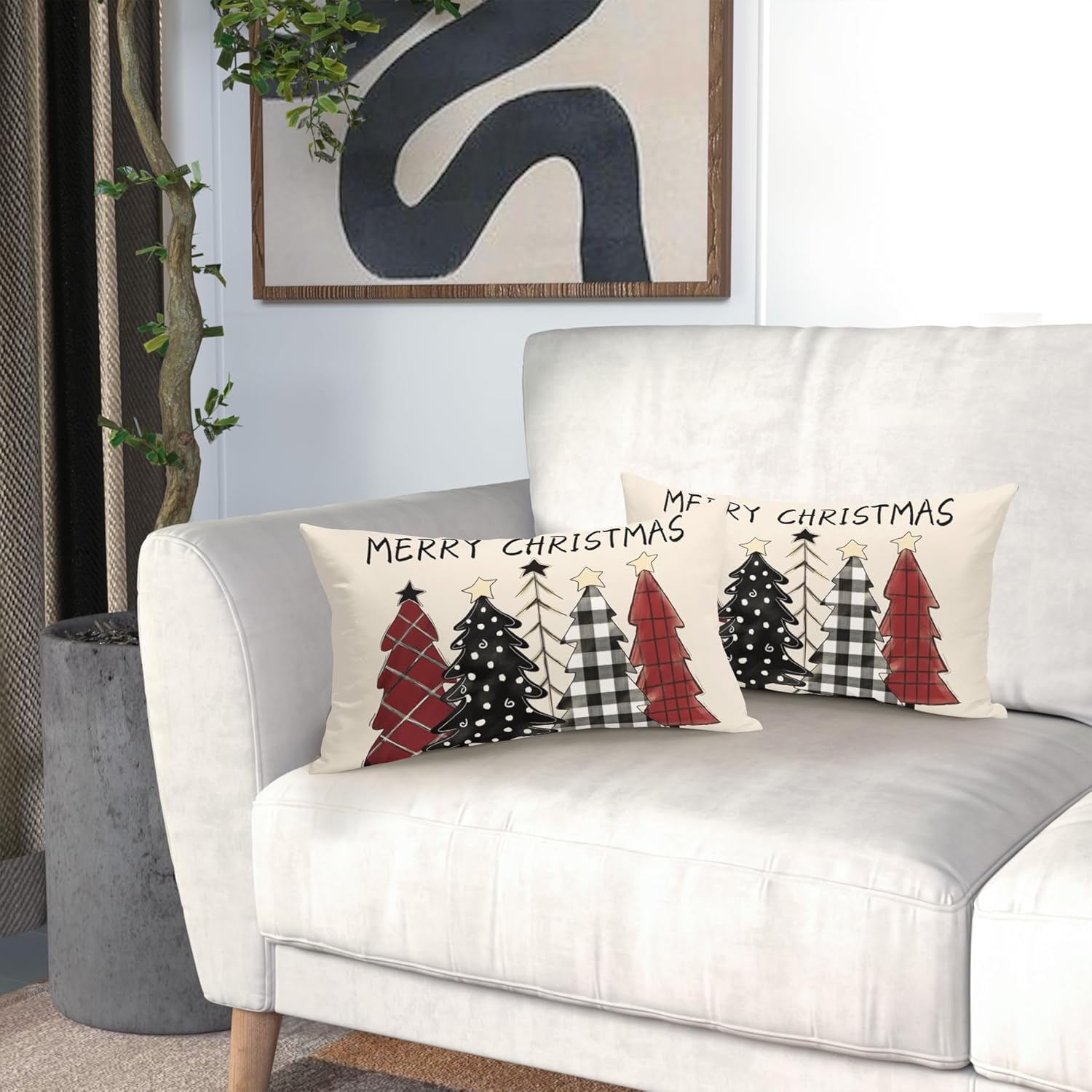 Juego de 2 fundas decorativas de cojín lumbar de 12 x 20 pulgadas, diseño de cuadros blancos y negros, con diseño de árboles rojos de Navidad, para