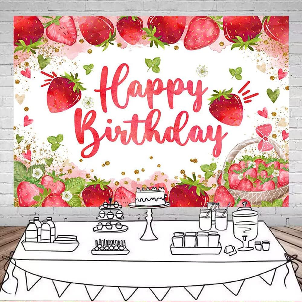 Mocsicka Telón de fondo de cumpleaños de fresa para decoración de fiesta de cumpleaños de niña de fresa, fondo de fotografía de cumpleaños de dulce
