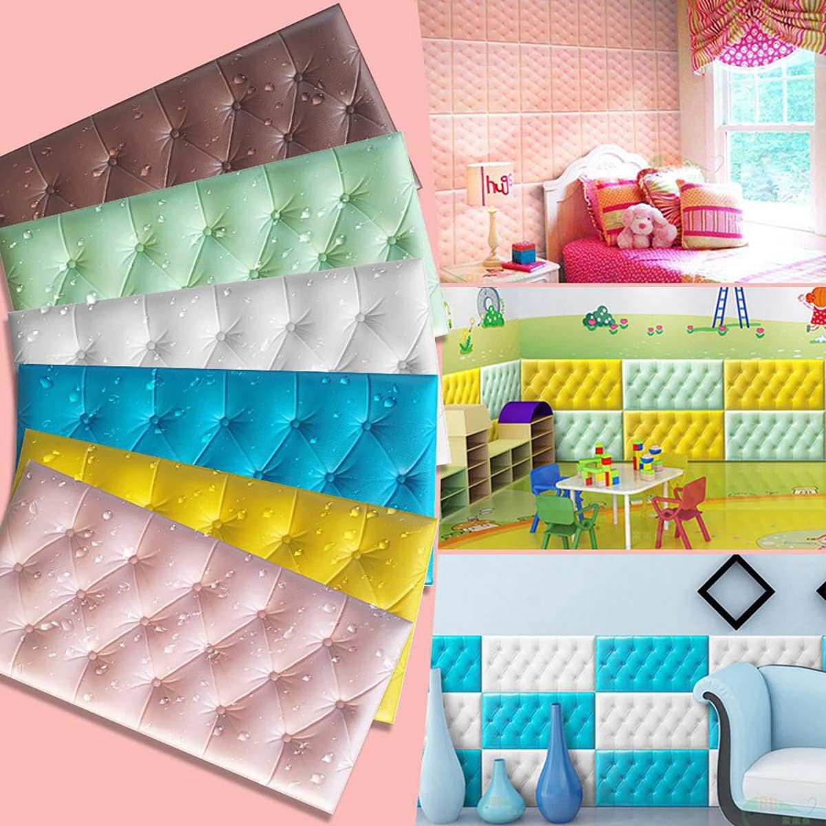 Paneles de pared de espuma autoadhesivos 3D, 23.6 x 11.8 pulgadas, decoración de cuero revestido, anticolisión, cojín suave para cubrir paredes,