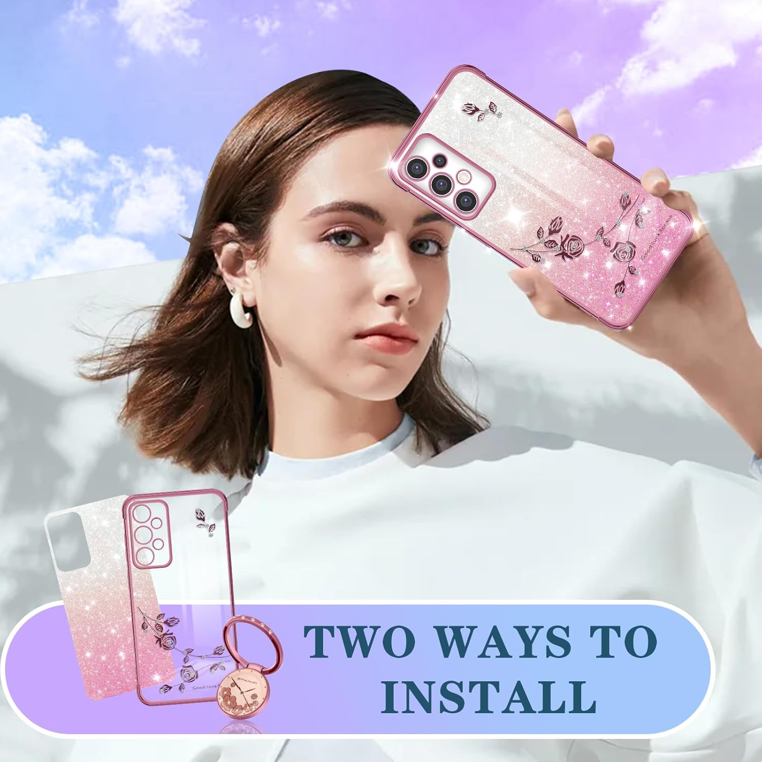Coralogo Funda 3 en 1 para teléfono Samsung Galaxy A53 5G con purpurina brillante para mujeres y niñas, cubierta brillante con bonito diseño floral