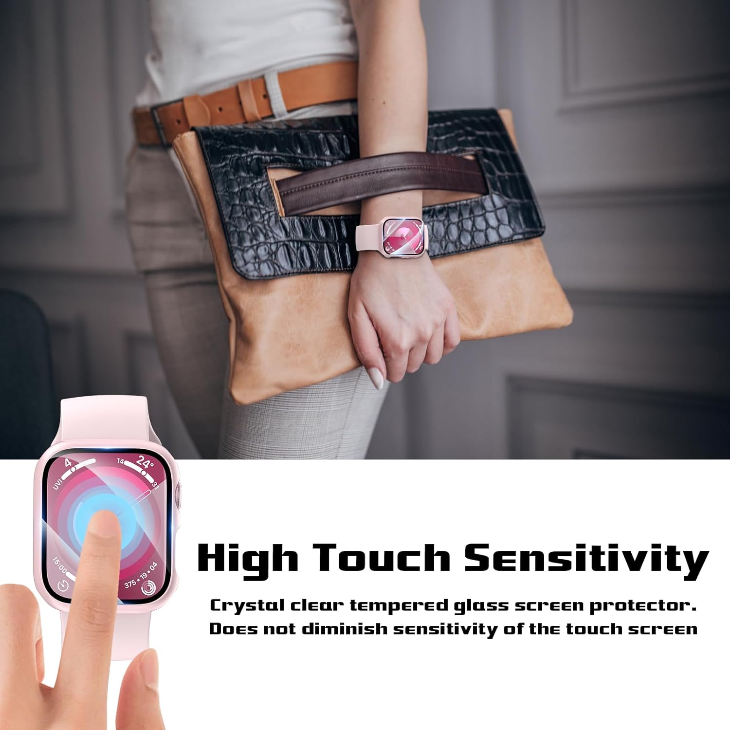 EWUONU – Juego de 2 fundas rígidas de policarbonato para Apple Watch Series 9 Series 87 de 1.772 pulgadas, protector de pantalla de vidrio templado,