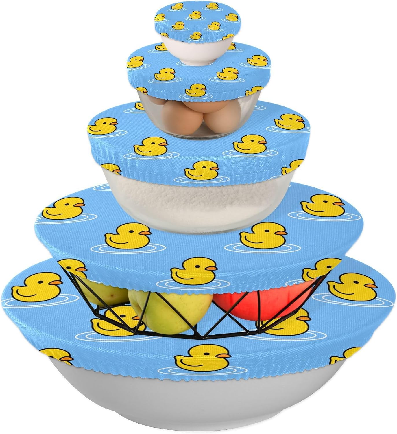 Duck 5PCS Reusable Elastic Bowl Covers for Food Storage Stretch Cloth Fabric Lids with 5 Different Sizes Heat Resistant Food Lids for Fruits