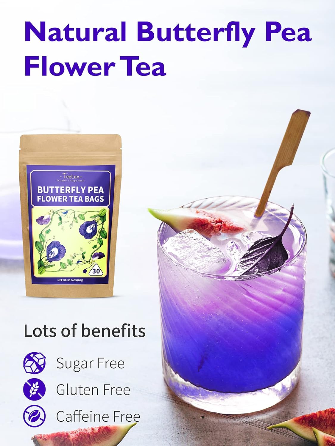 TeeLux Bolsas de té de flores de guisante de mariposa, té de guisante de mariposa natural, flor de guisante de mariposa seca de primera calidad para