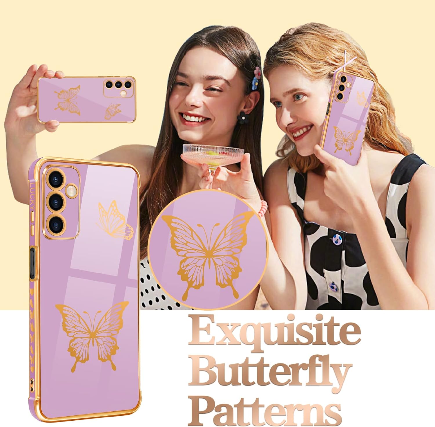 Coralogo Funda de teléfono para Samsung Galaxy A14 5G con diseño de mariposas para mujeres y niñas, diseño de mariposas chapadas en morado y dorado