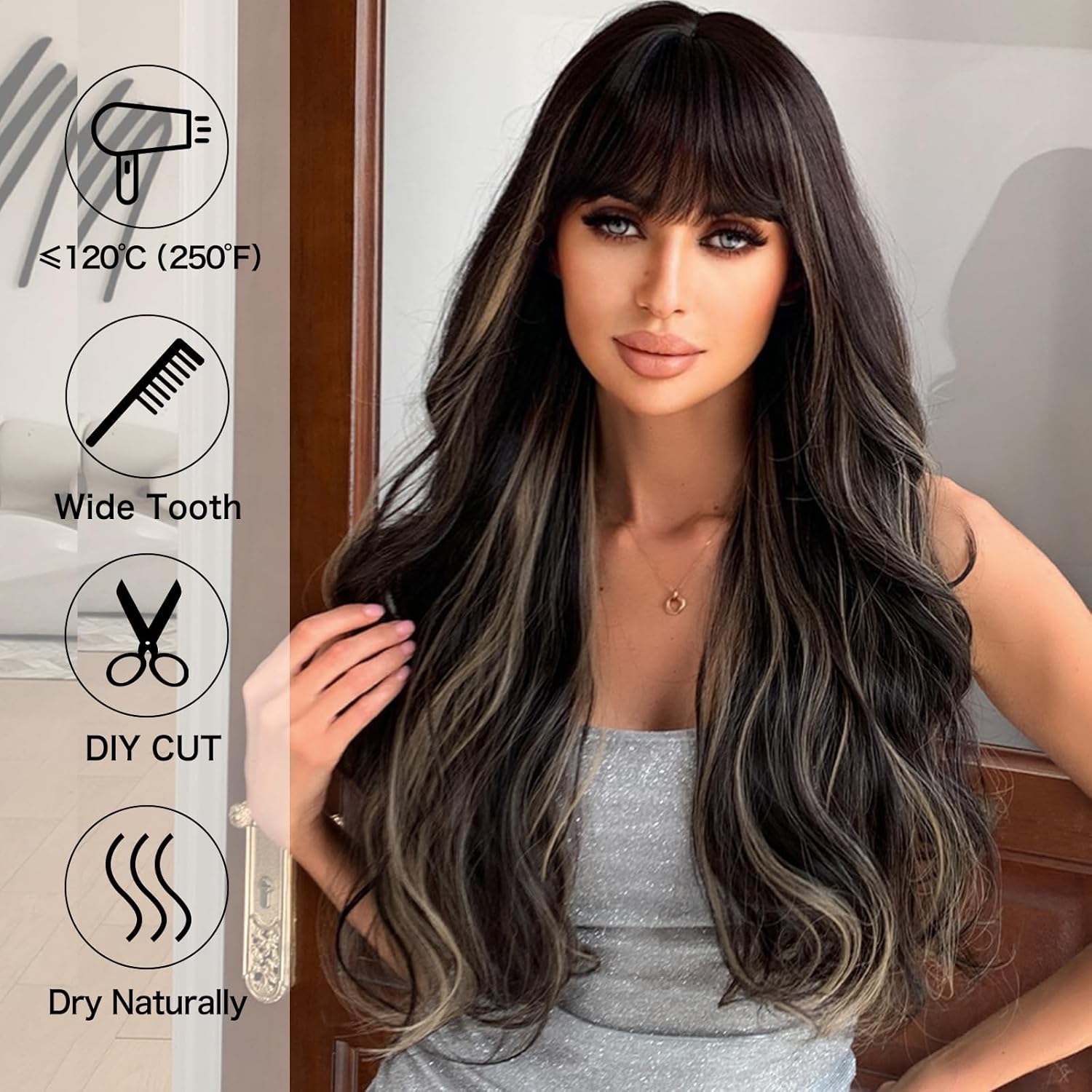 Allbell Peluca marrón con flequillo, pelucas largas onduladas negras para mujer, pelucas sintéticas rubias naturales, peluca de cabello rizado para