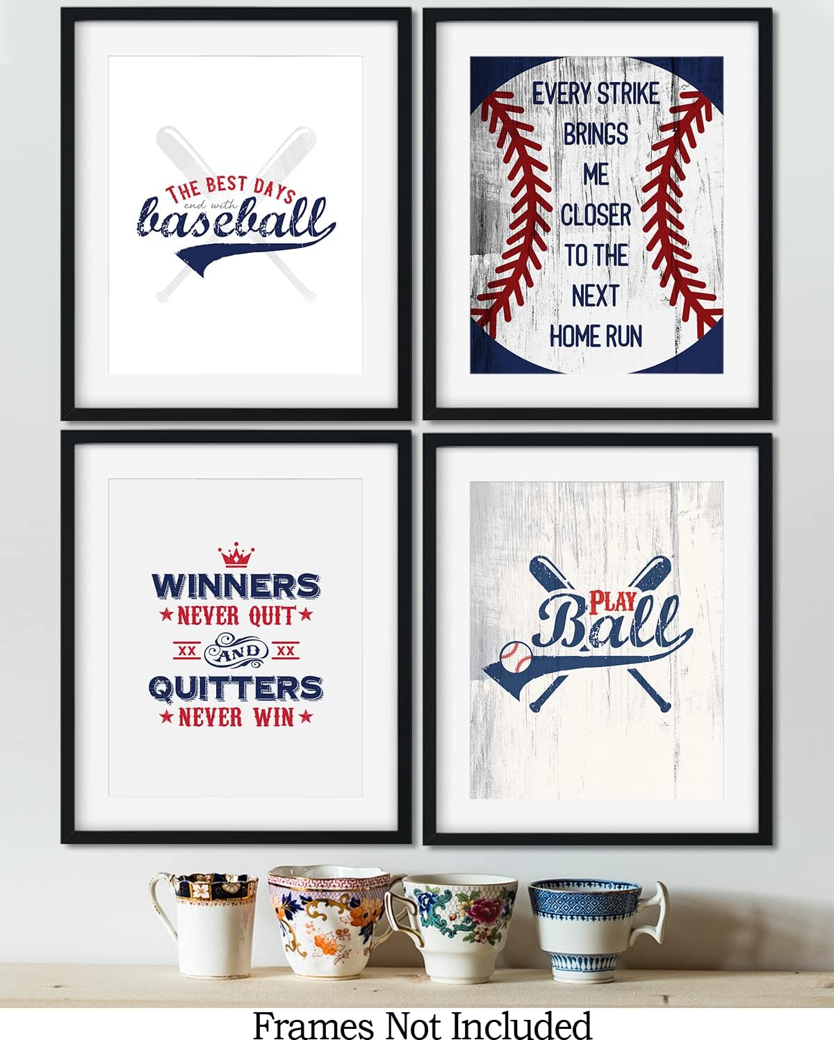 Govivo Arte de pared motivacional de béisbol, juego de 4 impresiones sin marco (8 x 10), arte inspirador de pared de béisbol para dormitorio de